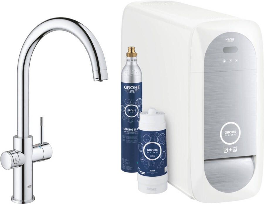 GROHE Blue Home Duo Keukenkraan Met Bluetooth en WIFI Starterkit C-Uitloop Chroom Voor gezuiverd gekoeld en bruisend water