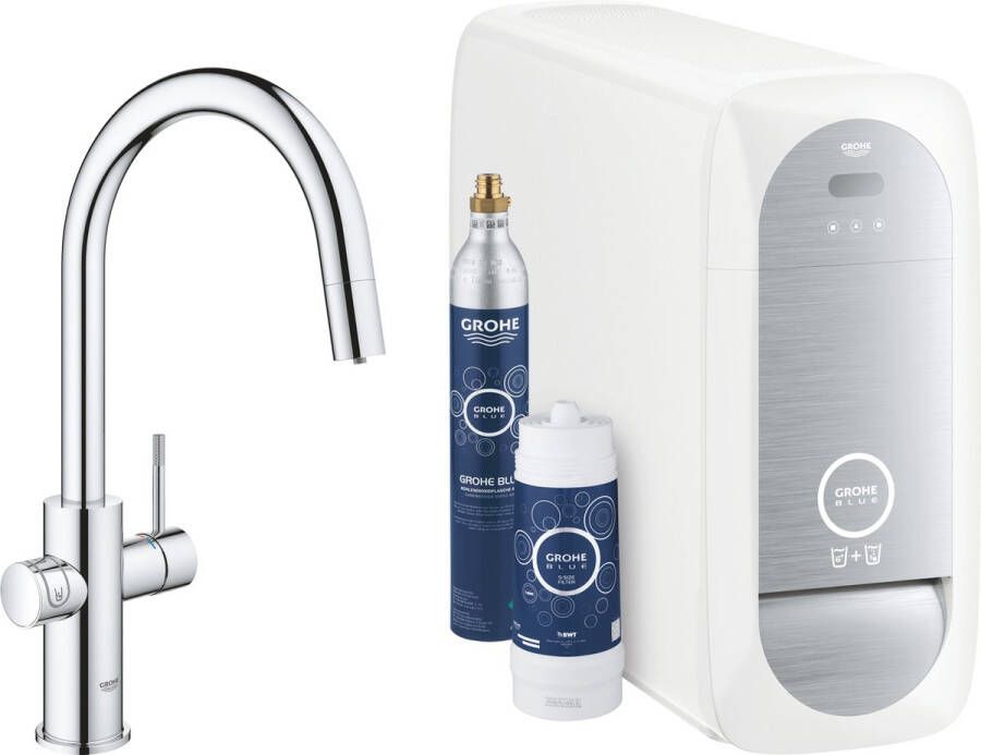 GROHE Blue Home Mono Keukenkraan Met Bluetooth en WIFI Starterkit C-Uitloop Chroom Met uittrekbare handdouche Voor gezuiverd gekoeld en bruisend water