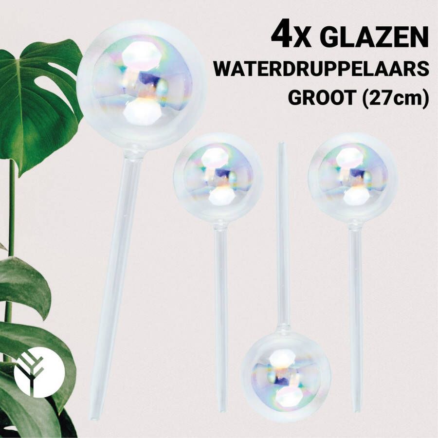 Groots Glazen Waterdruppelaar Set van 4 Stuks voor Planten – Groot Formaat (27cm) – Automatisch Watergeefsysteem voor Kamerplanten – Planten Watergever met Druppelsysteem