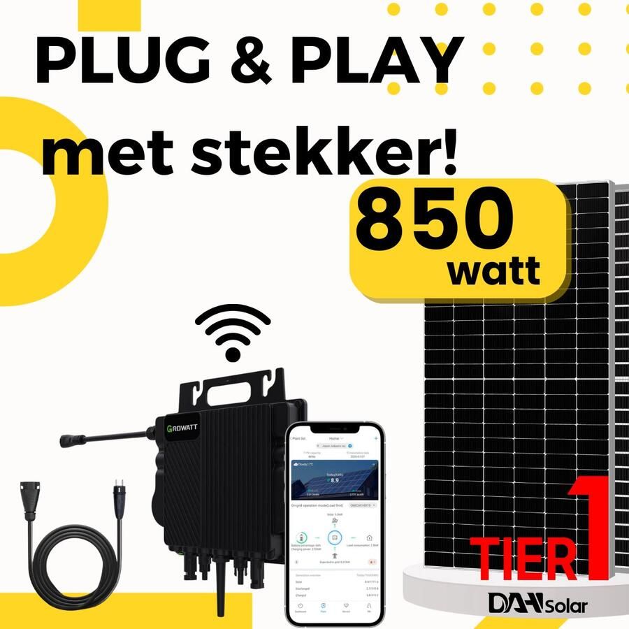Growatt Zonnepanelen met stekker 850 watt met wifi 2 trackers dubbel glas paneel tier 1