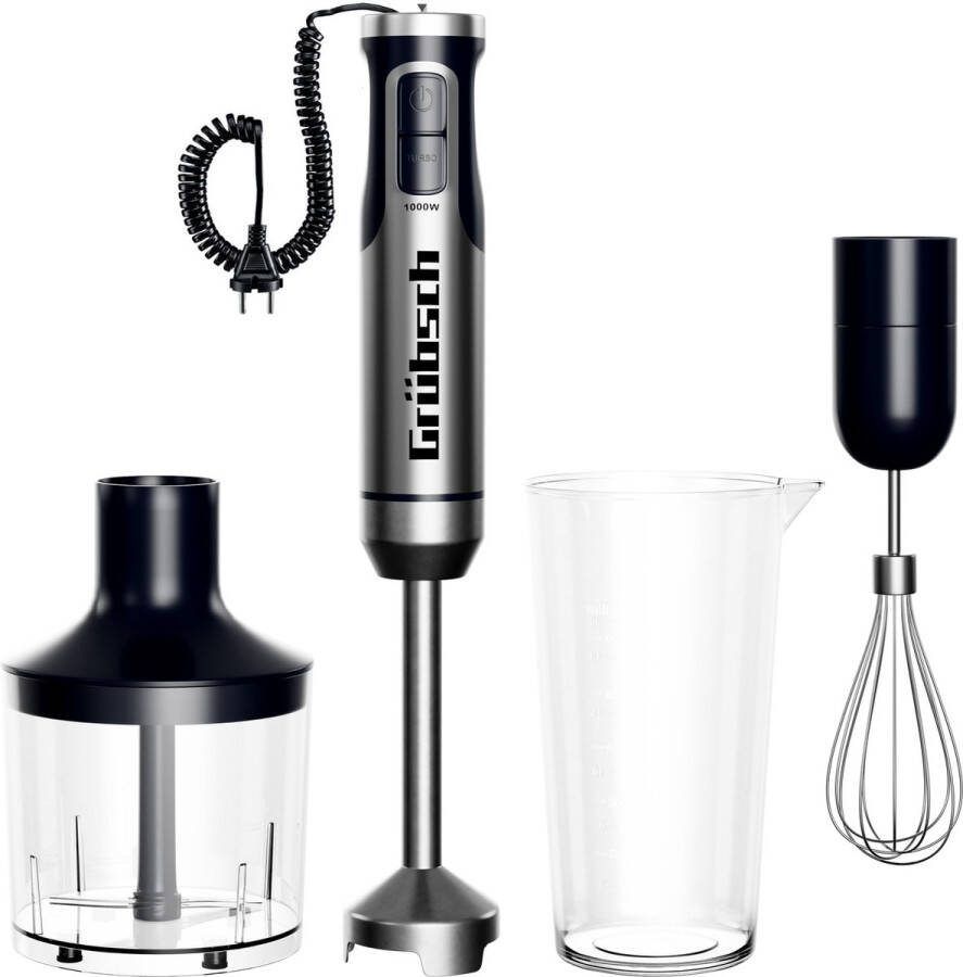 Grübsch GH-1000W Pro 3 in 1 Staafmixer 1000 Watt Hakmolen Maatbeker Garde Speciaal krulsnoer Turbofunctie Smoothie Maker