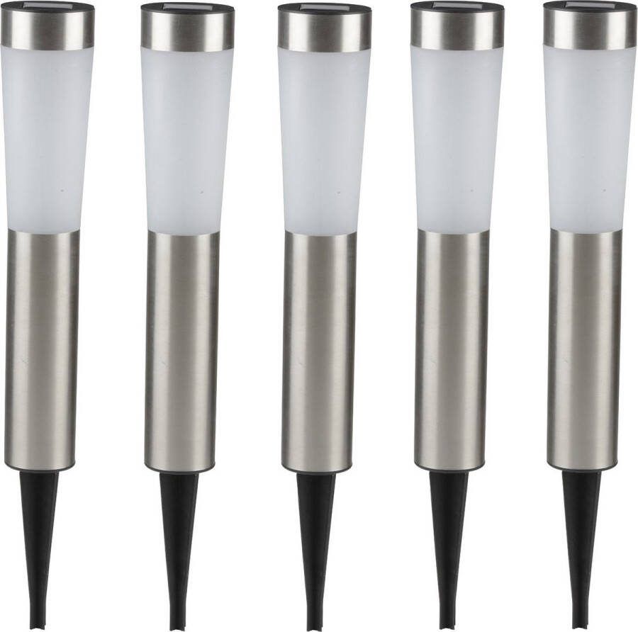Grundig 5x Solar tuinlampen pilaar paal op zonne-energie 56 cm RVS Tuindecoratie accessoires Tuinverlichting Tuinlampen Buiten verlichting Buiten lampen Solar zonne-energie lampen voor in de tuin 5 stuks