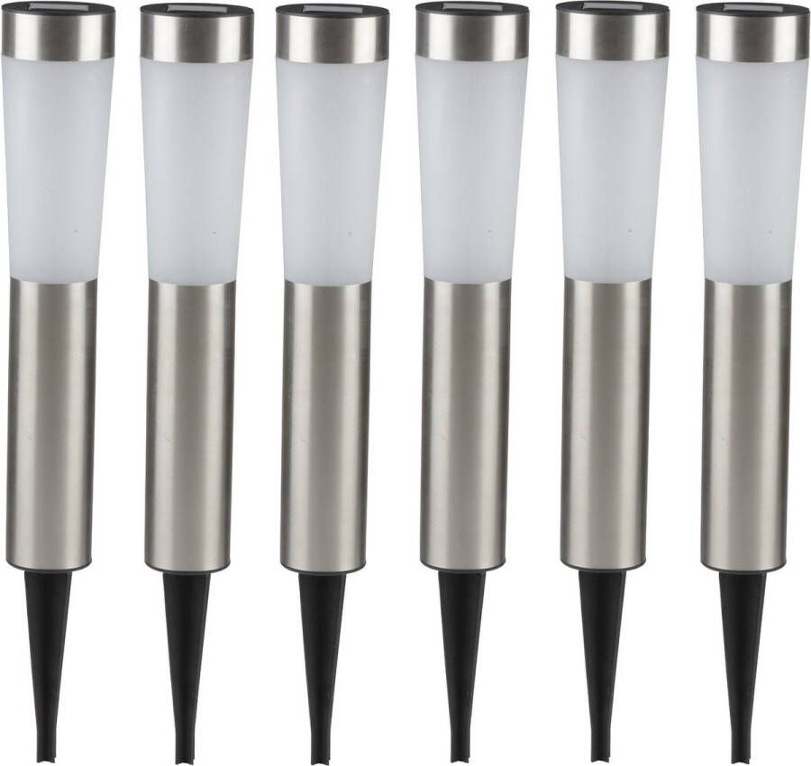 Grundig 8x Solar tuinlampen pilaar paal op zonne-energie 56 cm RVS Tuindecoratie accessoires Tuinverlichting Tuinlampen Buiten verlichting Buiten lampen Solar zonne-energie lampen voor in de tuin 8 stuks