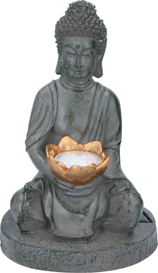 Grundig Boeddha Beeld met Solarlamp Buddha Tuinbeeld LED Aan- en Uitknop Brandduur 6-8 Uur 17x16x27cm