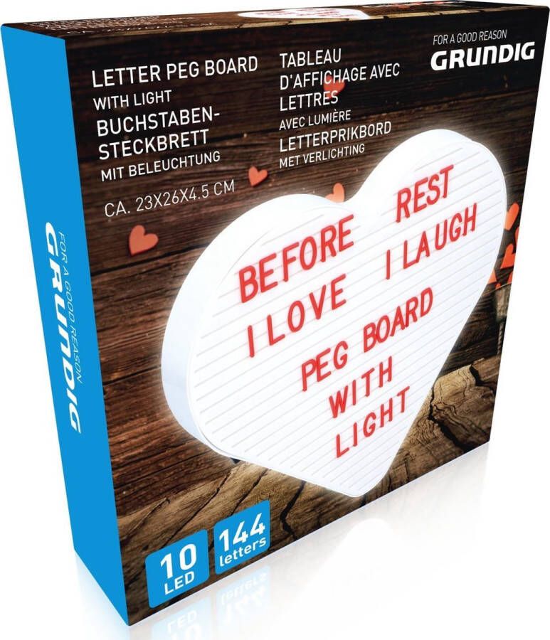 Grundig letterprikbord Hartvorm Rood 144 letters 10 LED's 23x26x4.5cm