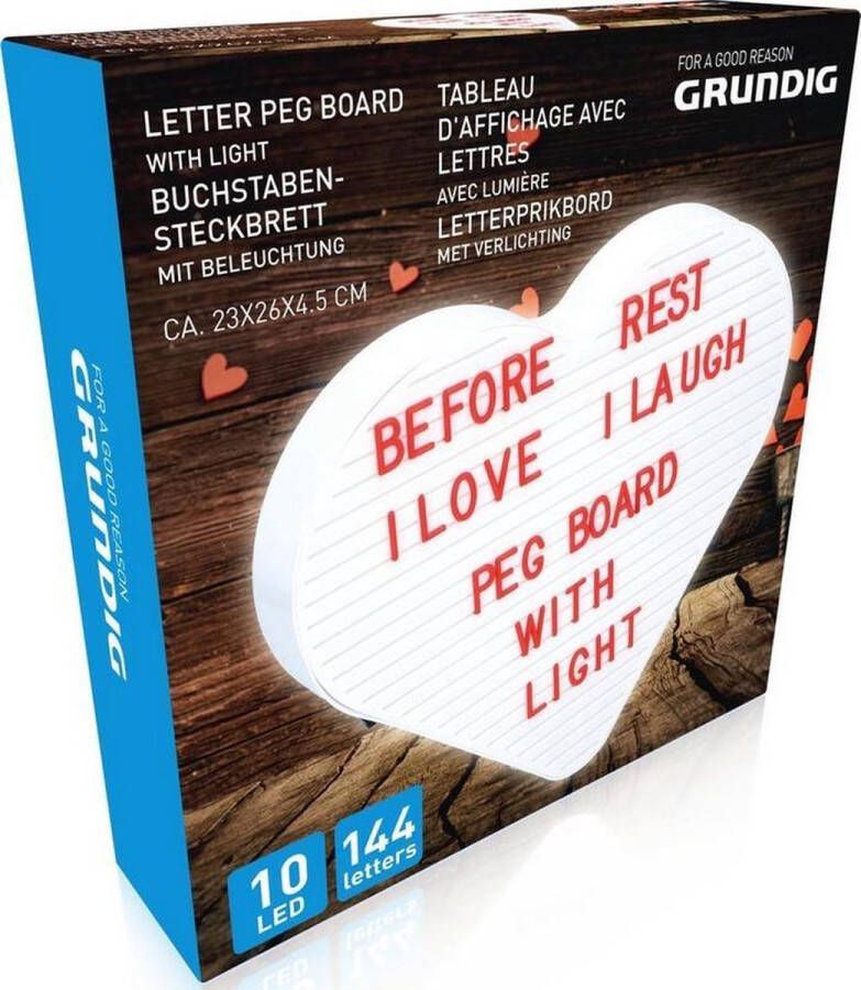 Grundig letterprikbord Hartvorm Rood 144 letters 10 LED's 23x26x4.5cm