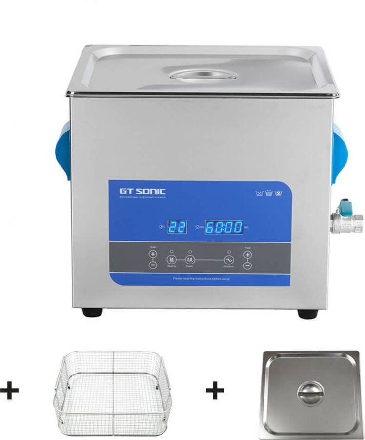 GT Sonic GT-Sonic R13 ultrasoon reiniger 13 liter RVS ultrasone reiniger 40kHz ultrasoon reinigingsapparaat Ultrasoonreiniger incl. korf en deksel