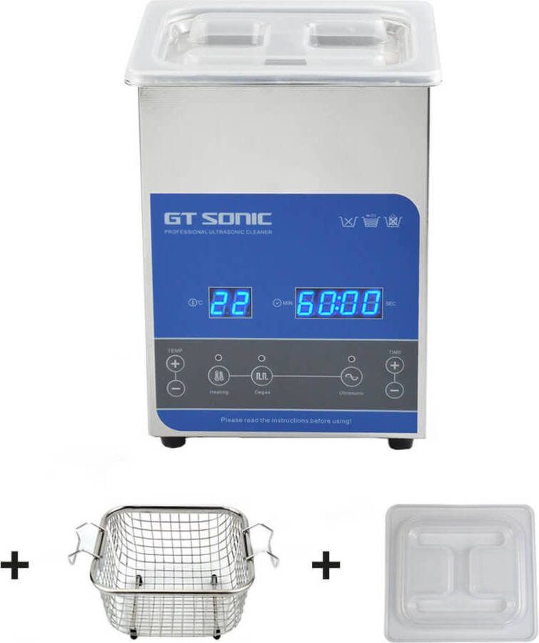 GT Sonic GT-Sonic R2 ultrasoon reiniger 1.5 liter RVS ultrasone reiniger 40kHz ultrasoon reinigingsapparaat Ultrasoonreiniger incl. korf en deksel