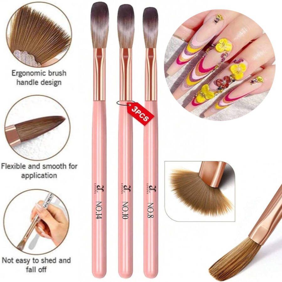 GUAPÀ Acryl Penseel 3 Acrylic Brushes Nagel Penselen Nail Art penselen Nail Brush Nepnagels Acrylic Nails Acryl Brush Nr 8 Nr 10 Nr 14 Acryl Forms 3 Acryl Penselen Roze
