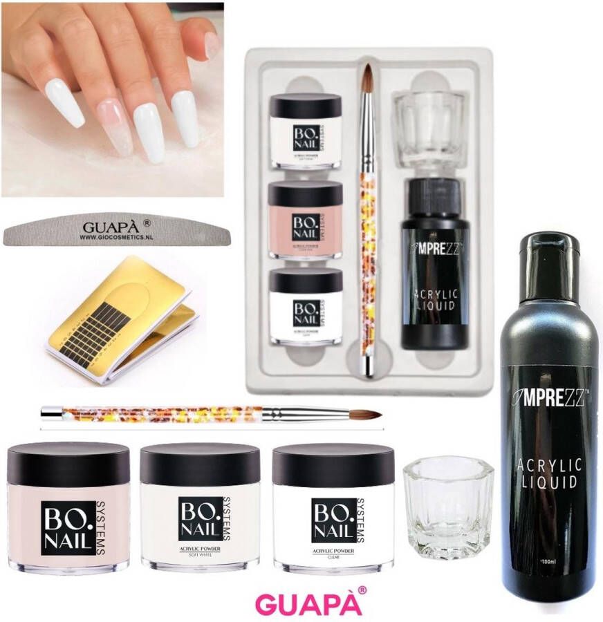 GUAPÀ Acryl Starterspakket Pink Clear White | Acryl Poeder | Acrylic Liquid | Acryl Penselen | Dappendish | Acryl nagels | Professionele Kwaliteit | Nepnagels