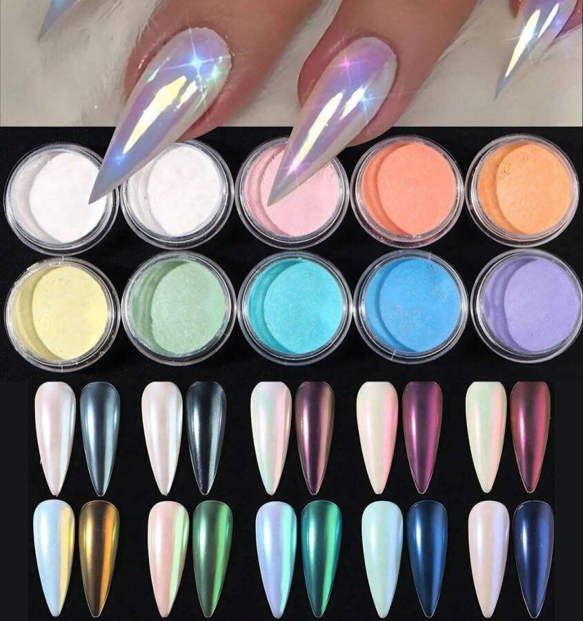 GUAPÀ Chrome Glitter Poeders Nagels Spiegel & Chrome Nail Art Poeders 10 Holografische Glitters Nagels Spiegel en pigment poeders Chrome Nagels 10 stuks kleuren nagelpoeders