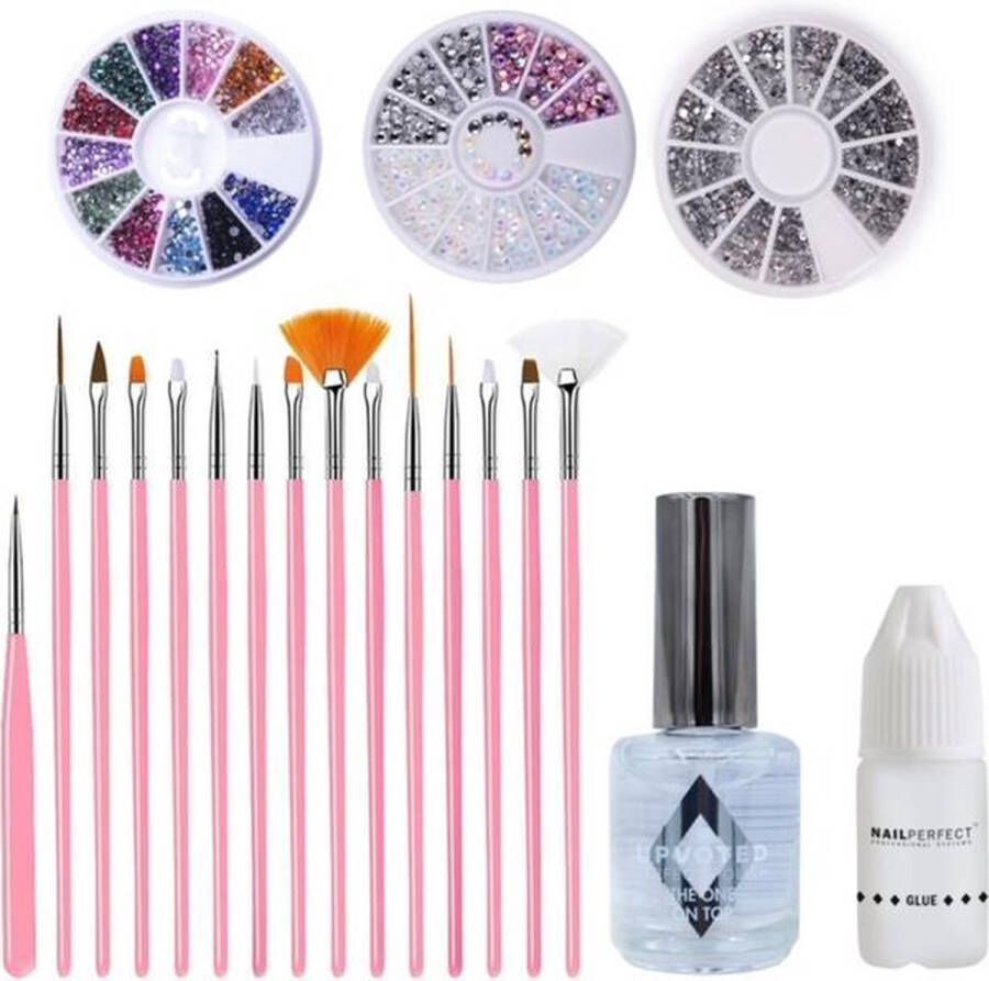 GUAPÀ GUAPÀ Nail Art Penselen en Rhinestones Glitter Set Met 3D Strass Glitter Steentjes 20 Delige Nagel Decoratie Set inclusief Nagellijm en Top Coat