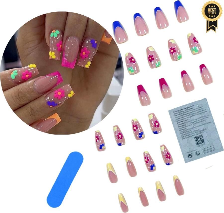 GUAPÀ Plaknagels 24 stuks valse nagels Press On Nails Zelfklevende Plaknagels Nepnagels Kunstnagels Compleet plaknagels starterspakket Nagels Wraps Nail Art Zomer Nagels 24 stuks plaknagels French Manicure Bloemetjes
