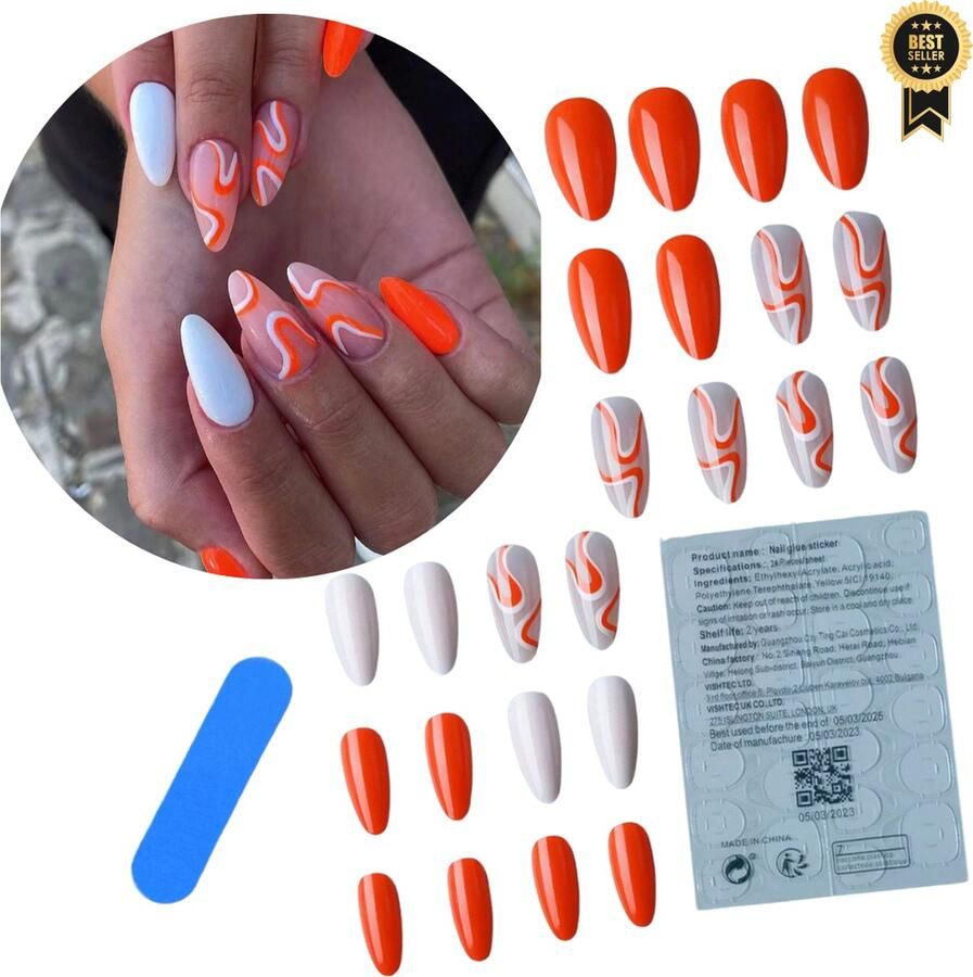 GUAPÀ Plaknagels 24 stuks valse nagels Press On Nails Zelfklevende Plaknagels Nepnagels Kunstnagels Compleet plaknagels starterspakket Nagels Wraps Nail Art Zomer Nagels 24 stuks plaknagels Oranje