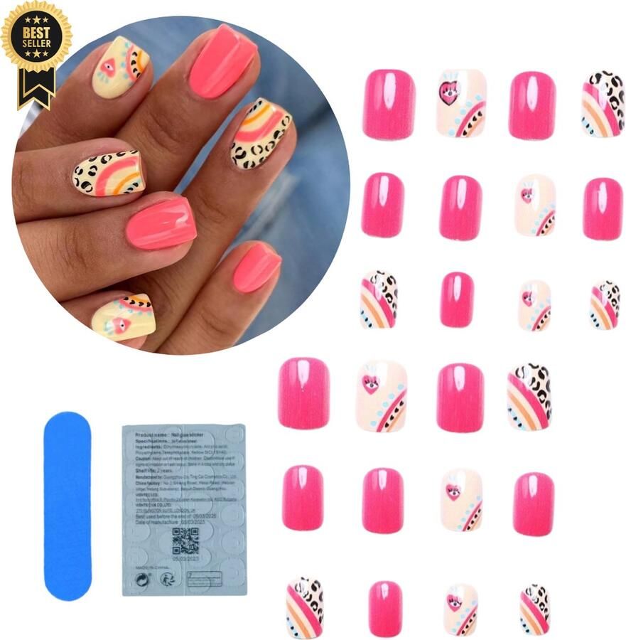 GUAPÀ Plaknagels 24 stuks valse nagels Press On Nails Zelfklevende Plaknagels Nepnagels Kunstnagels Compleet plaknagels starterspakket Nagels Wraps Nail Art Zomer Nagels Feest Nagels 24 stuks plaknagels Roze met Panterprint