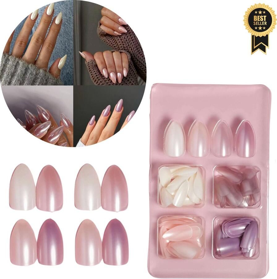 GUAPÀ Plaknagels 96 stuks valse nagels Press On Nails Zelfklevende Plaknagels Nepnagels Kunstnagels Compleet plaknagels starterspakket Nagels Wraps Nail Art Zomer Nagels 96 stuks plaknagels Parelmoer Tinten