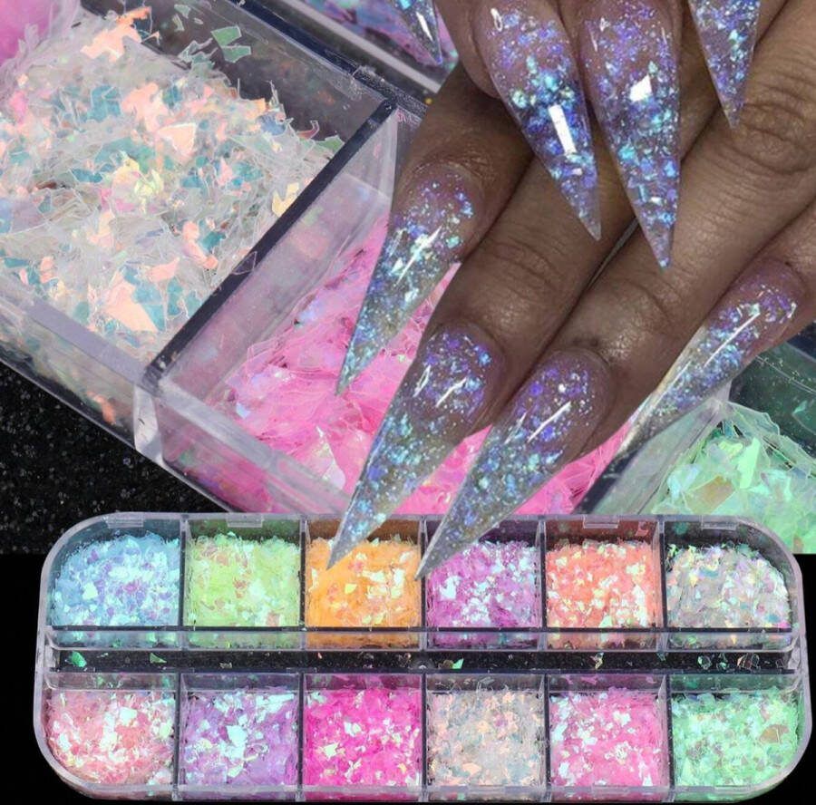 GUAPÀ Nagel Glitters Nail Art 12 Delige Neon Vlokken voor nagels Acryl Nagels Gel Nagels Gellak Nagelstickers Nagel Strass Nail Art Vlokken 12 kleuren Neon