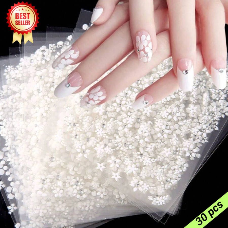 GUAPÀ Nagelstickers Bloemen stickers Wit 30 vellen Nagel Stickers Nail Art Nagel stickers nagelversiering zelfklevende nagelstickers 30pcs 3D Bloemen Nagelstickers Wit