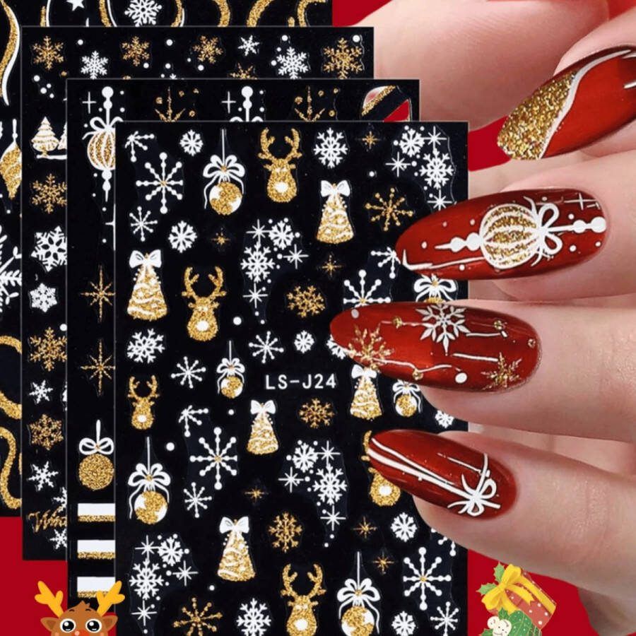 GUAPÀ Nagelstickers patronen Kerst nagelstickers Nail Art Nageldecoratie kerstvormpjes Kinder Kerst Nagel Stickers 4 Nagelstickers kerstvellen