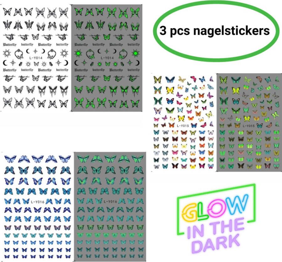 GUAPÀ Nagelstickers Vlinder nagel stickers Glow in the dark effect 3 stuks nail art decoratie Zelfklevende 3D Nagelstickers 3 pcs nagelstickers vlinders met glow in the dark