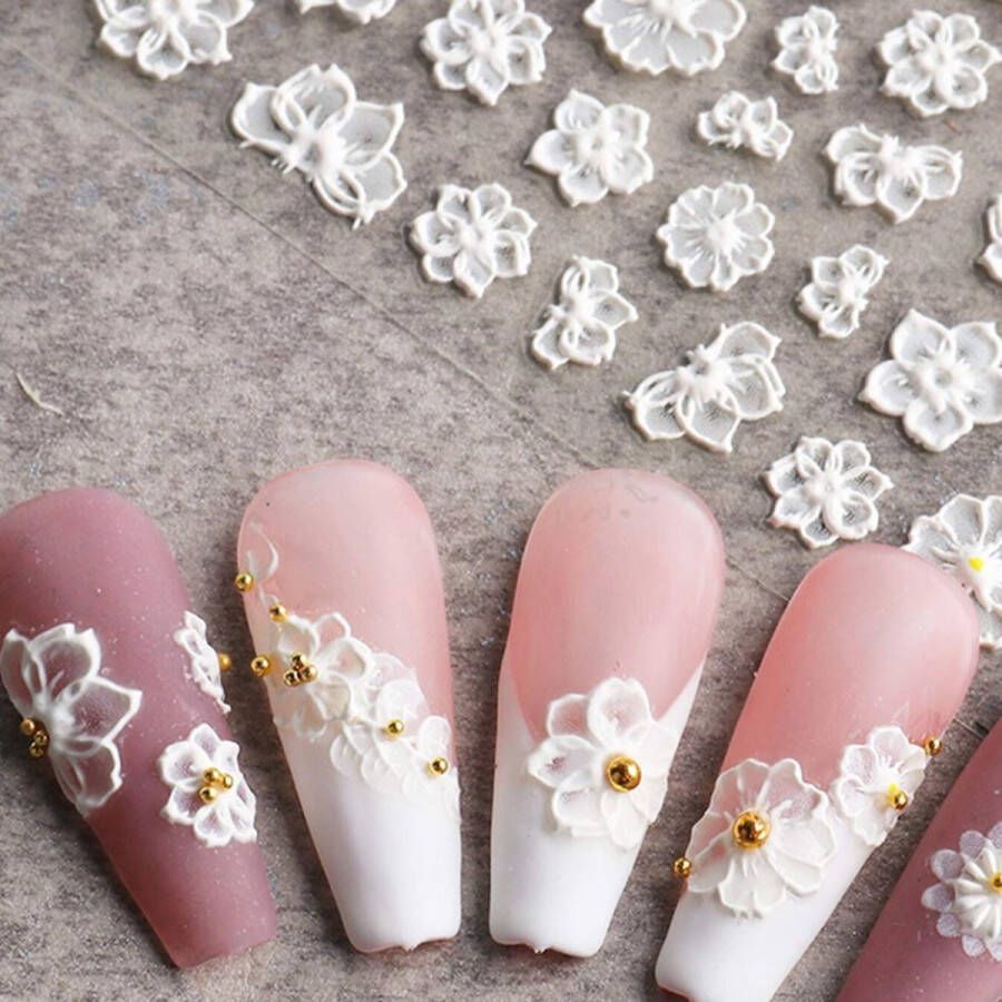 GUAPÀ Nail Art 3D Bloemetjes NagelStickers Nagel Decoratie & Versiering Folie 5D Nail Decals Nagel Stickers 1 Velletje Witte Bloemetjes Stickers