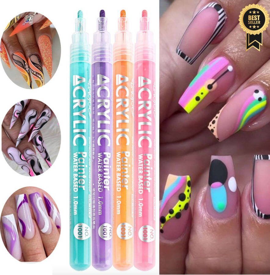 GUAPÀ Nail Art Pennen 4 stuks| Graffiti Stiften voor Nail Art Nagel Decoratie Nagel Stift Striper Nail Art Vormen Nail Brush Nail Art penselen Nagelstickers Nagelversiering 4 Nail Art Stiften Neon