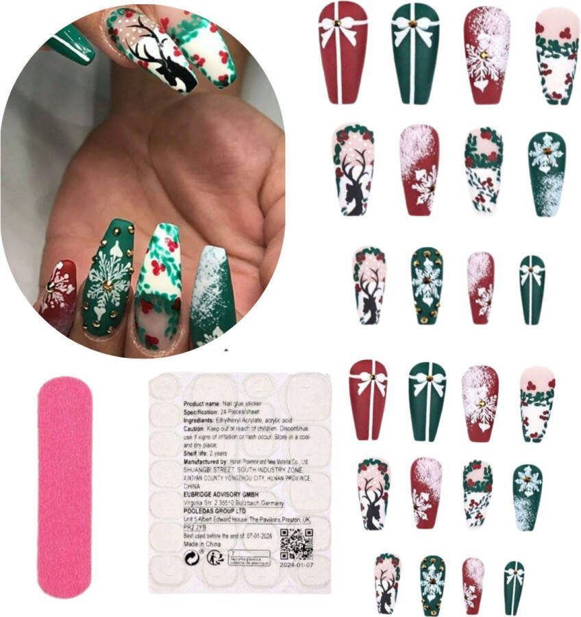 GUAPÀ Plaknagels 24 stuks valse nagels Press On Nails Zelfklevende Plaknagels Nepnagels Kunstnagels Compleet plaknagels starterspakket Nagels stickers 24 stuks plaknagels Kerst Nagels
