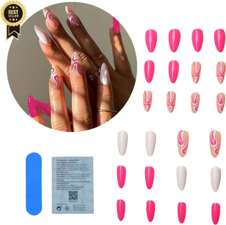 GUAPÀ Plaknagels 24 stuks valse nagels Press On Nails Zelfklevende Plaknagels Nepnagels Kunstnagels Compleet plaknagels starterspakket Nagels Wraps Nail Art Zomer Nagels 24 stuks plaknagels Roze Nail Art