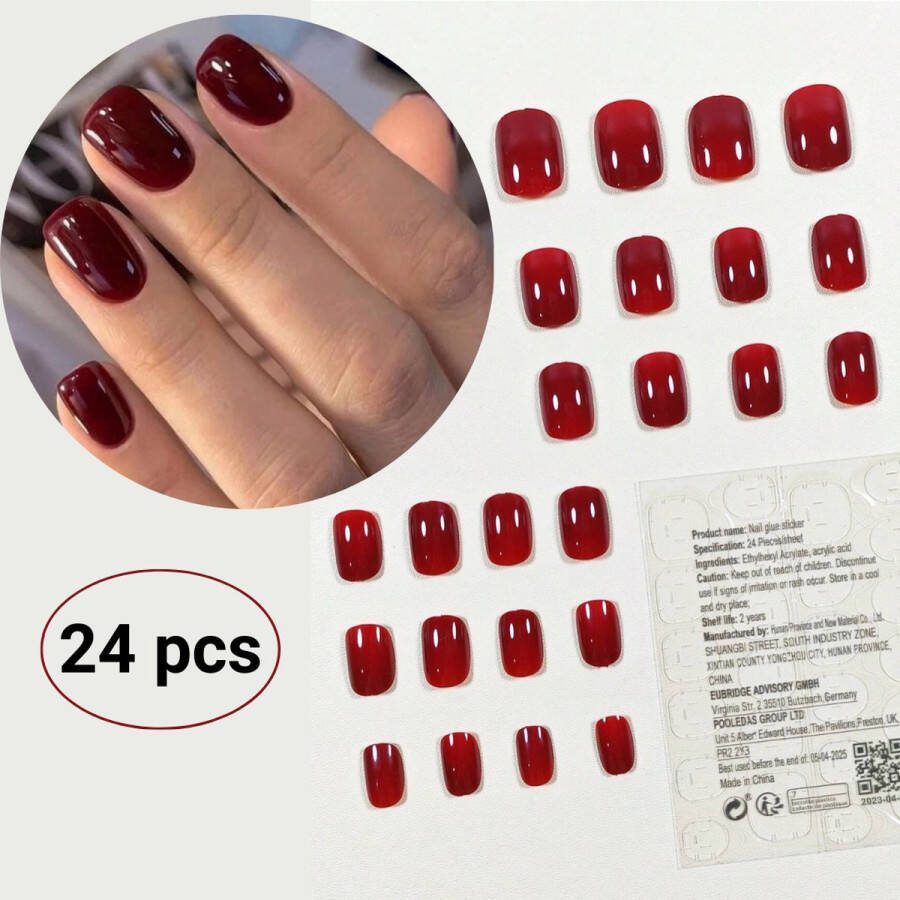 GUAPÀ Plaknagels 24 stuks valse nagels Press On Nails Zelfklevende Plaknagels Nepnagels Kunstnagels Compleet plaknagels starterspakket Nagels stickers 24 stuks plaknagels Bordeaux Rood