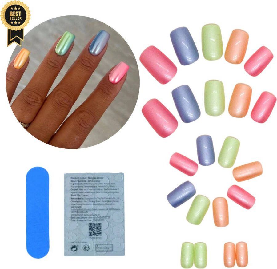 GUAPÀ Plaknagels 24 stuks valse nagels Press On Nails Zelfklevende Plaknagels Nepnagels Kunstnagels Compleet plaknagels starterspakket Nagels Wraps Nail Art Zomer Nagels 24 stuks plaknagels Holografische Chrome Spiegel Multicolor