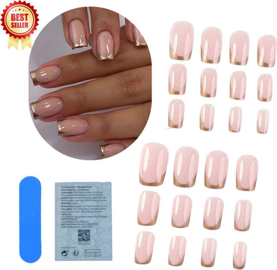 GUAPÀ Plaknagels 24 stuks valse nagels Press On Nails Zelfklevende Plaknagels Nepnagels Kunstnagels Compleet plaknagels starterspakket Nagels stickers 24 stuks plaknagels French Manicure Goud
