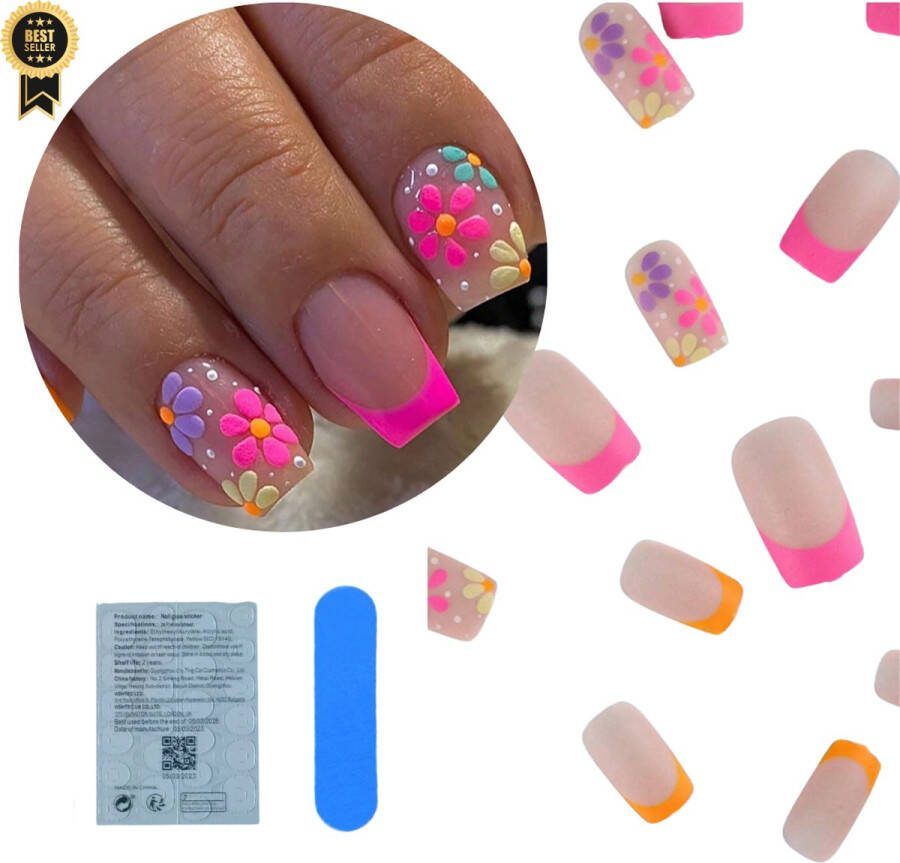 GUAPÀ Plaknagels 24 stuks valse nagels Press On Nails Zelfklevende Plaknagels Nepnagels Kunstnagels Compleet plaknagels starterspakket Nagels Wraps Nail Art Zomer Nagels 24 stuks plaknagels Bloemetjes Kleuren Kort