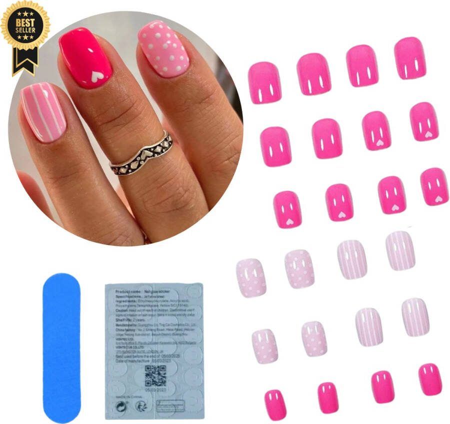 GUAPÀ Plaknagels 24 stuks valse nagels Press On Nails Zelfklevende Plaknagels Nepnagels Kunstnagels Compleet plaknagels starterspakket Nagels Wraps Nail Art Zomer Nagels Feest Nagels 24 stuks plaknagels Roze met Hartjes
