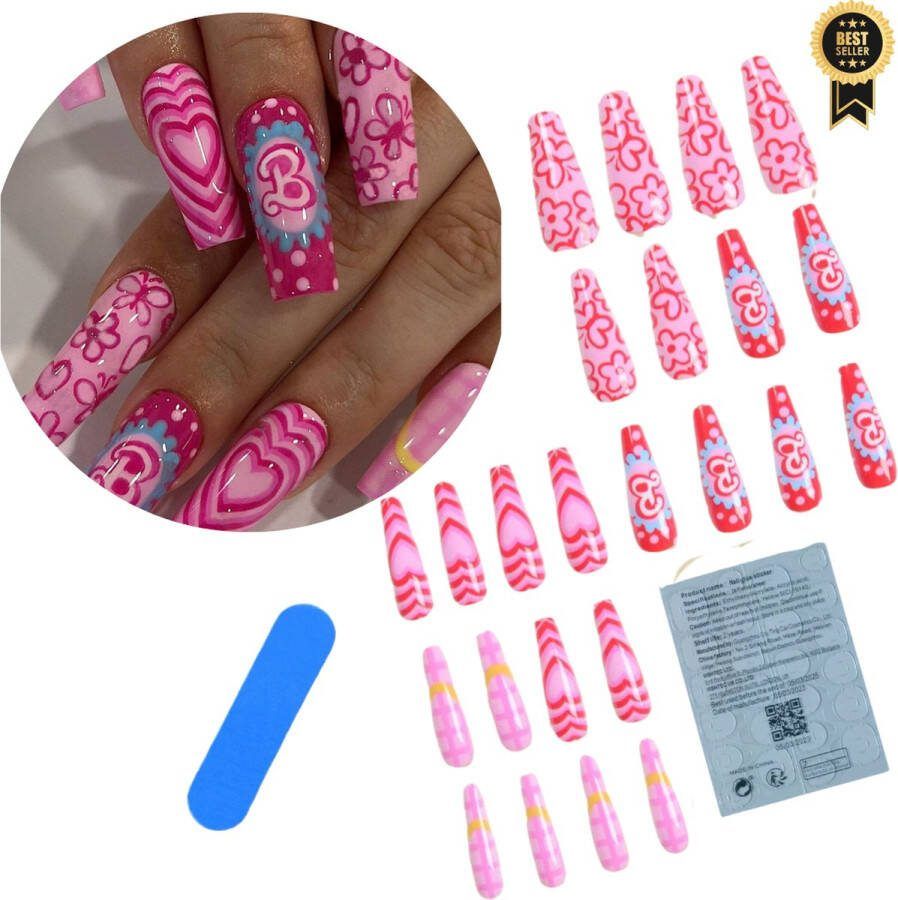 GUAPÀ Plaknagels 24 stuks valse nagels Press On Nails Zelfklevende Plaknagels Nepnagels Kunstnagels Compleet plaknagels starterspakket Nagels stickers 24 stuks plaknagels Roze Opdruk
