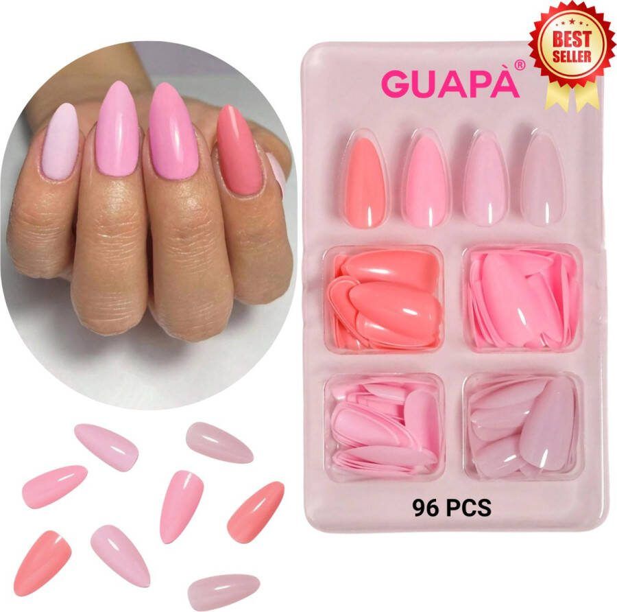 GUAPÀ Plaknagels 96 stuks valse nagels Press On Nails Zelfklevende Plaknagels Nepnagels Kunstnagels Compleet plaknagels starterspakket Nagels Wraps Nail Art Zomer Nagels 96 stuks plaknagels Roze Nude Tinten