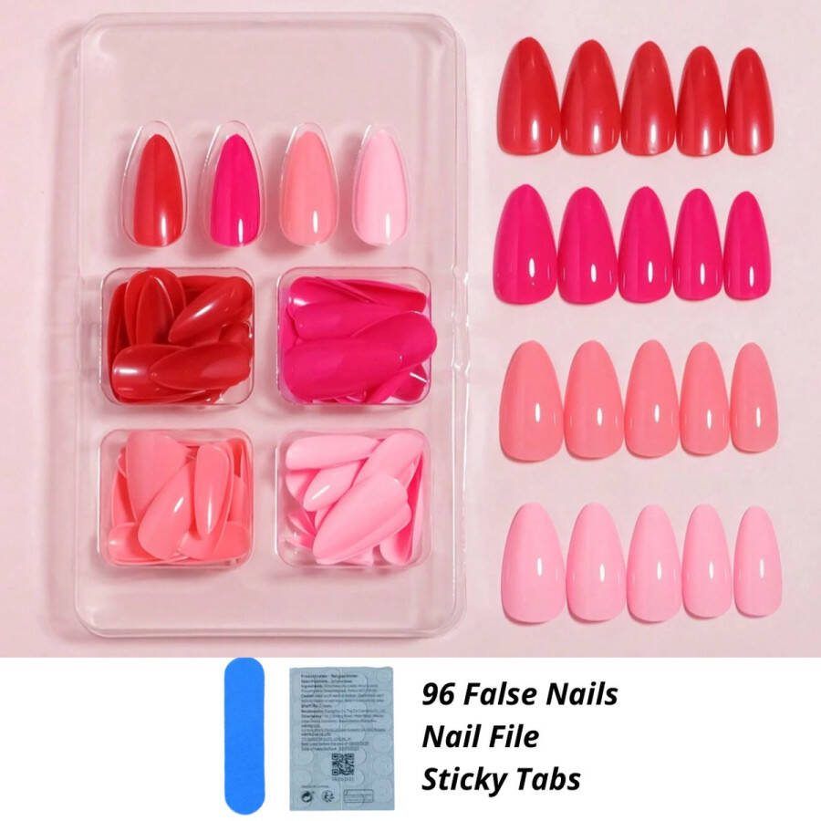 GUAPÀ Plaknagels 96 stuks valse nagels Press On Nails Zelfklevende Plaknagels Nepnagels Kunstnagels Compleet plaknagels starterspakket Nagels Wraps Nail Art Zomer Nagels 96 stuks plaknagels Roze Tinten