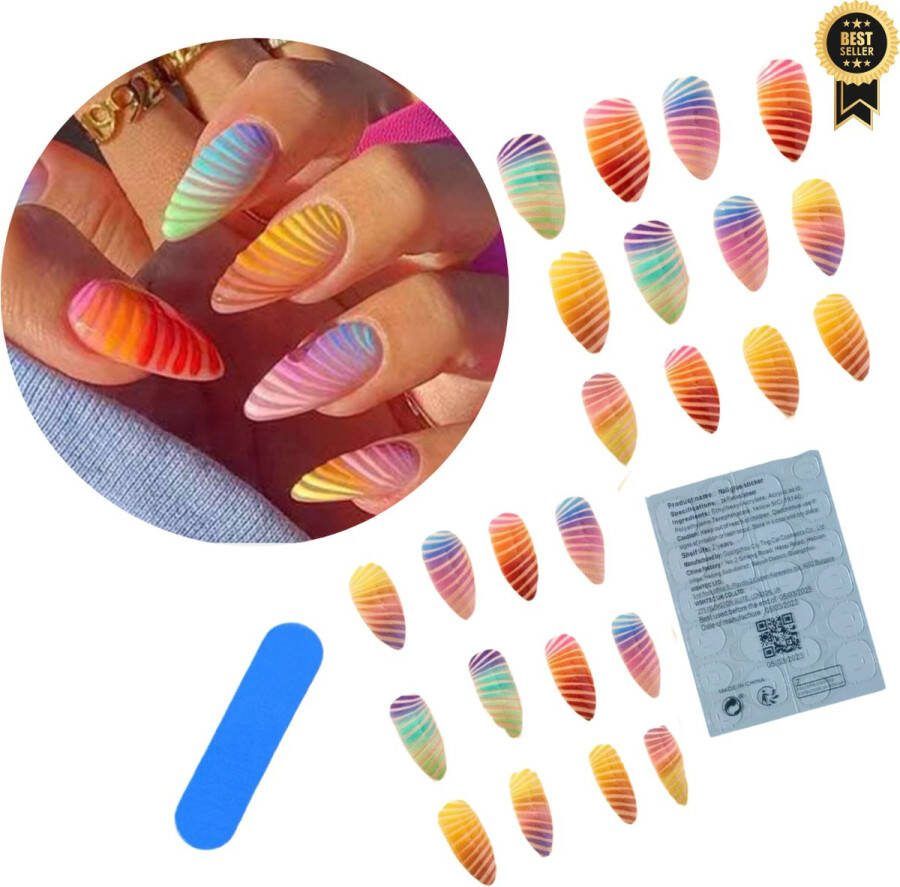 GUAPÀ Plaknagels Regenboog 24 stuks valse nagels Press On Nails Zelfklevende Plaknagels Nepnagels Kunstnagels Compleet plaknagels starterspakket Nagels Wraps Nail Art 24 stuks plaknagels Rainbow