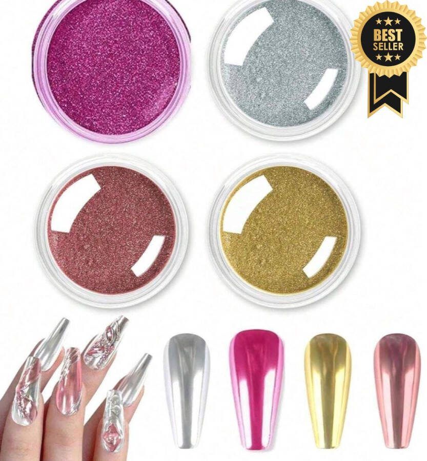 GUAPÀ Spiegel Chrome Glitter Poeders Nagels 4 Spiegel & Chrome Nail Art Poeders Holografische Glitters Nagels Spiegel en pigment poeders Chrome Nagels 4 stuks kleuren nagelpoeders