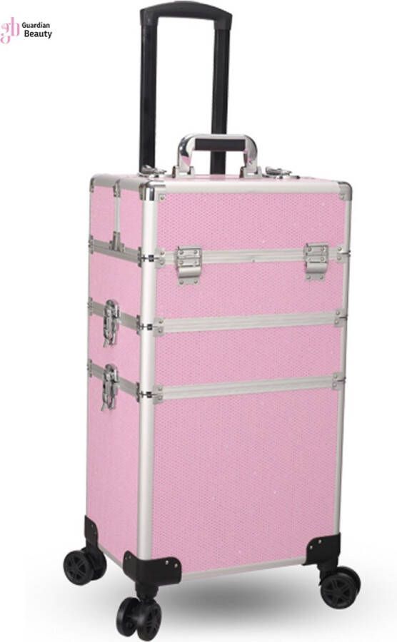 Guardian Beauty BeautyKoffer Roze met diamantjes 3 Delig 8 Wielen Nagel Koffer BeautyCase voor Kappers KappersKoffer