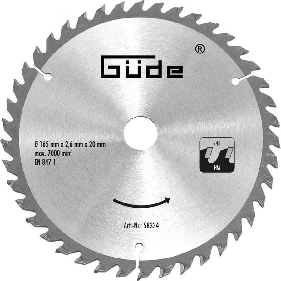 Güde Houtzaagblad HM 48T 165x20x48mm voor invalcirkelzaag en Gude cirkelzaag