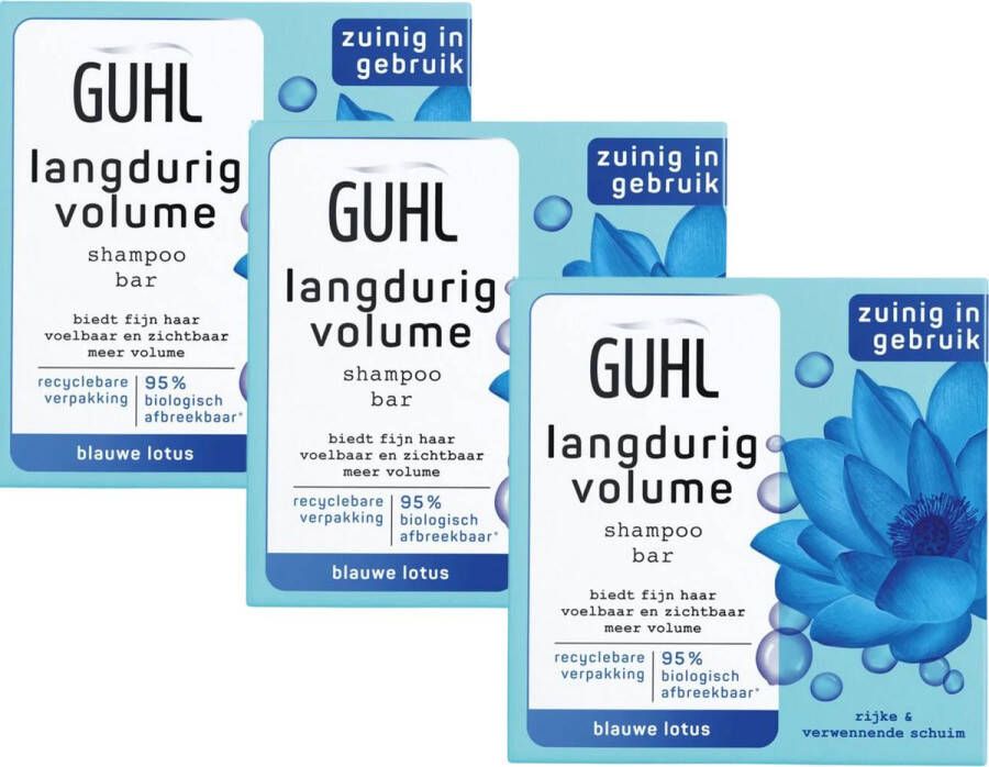 Guhl Blauwe Lotus Langdurige Volume Shampoo Bar 3 x 75 g Biedt Volume en Kracht voor Fijn en Futloos Haar Shampoobar
