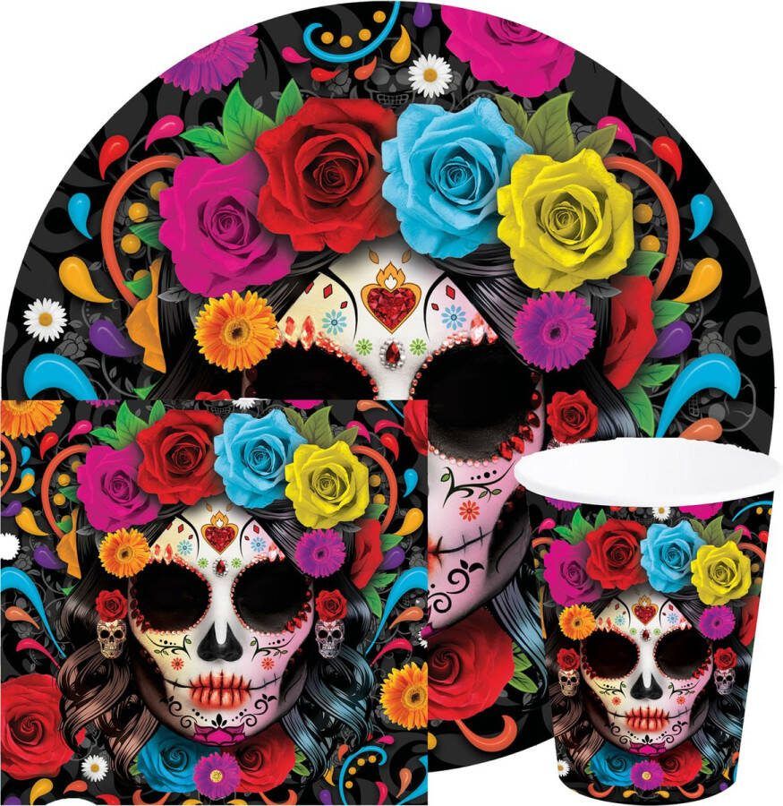 Fiestas Guirca Fiestas Day of the dead feest servies set borden bekers servetten 36x gekleurd papier
