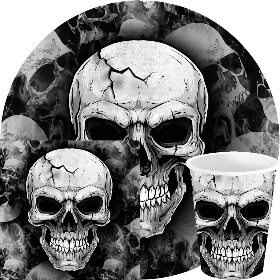Fiestas Guirca Fiestas Halloween horror doodshoofd feest servies set borden bekers servetten 36x zwart papier