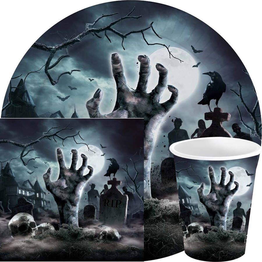 Guirca Fiestas Halloween horror kerkhof feest servies set borden bekers servetten 36x zwart- papier
