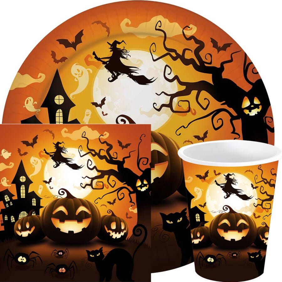 Guirca Fiestas Halloween horror pompoen feest servies set borden bekers servetten 36x zwart- papier
