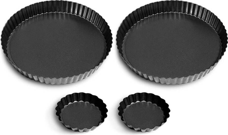 Güker Taarteform quiche mould taartvorm met hefbodem set van 4 taarten met losse basis non-stick coating delious baking (22 x 2 + 10 cm x 2) zwart