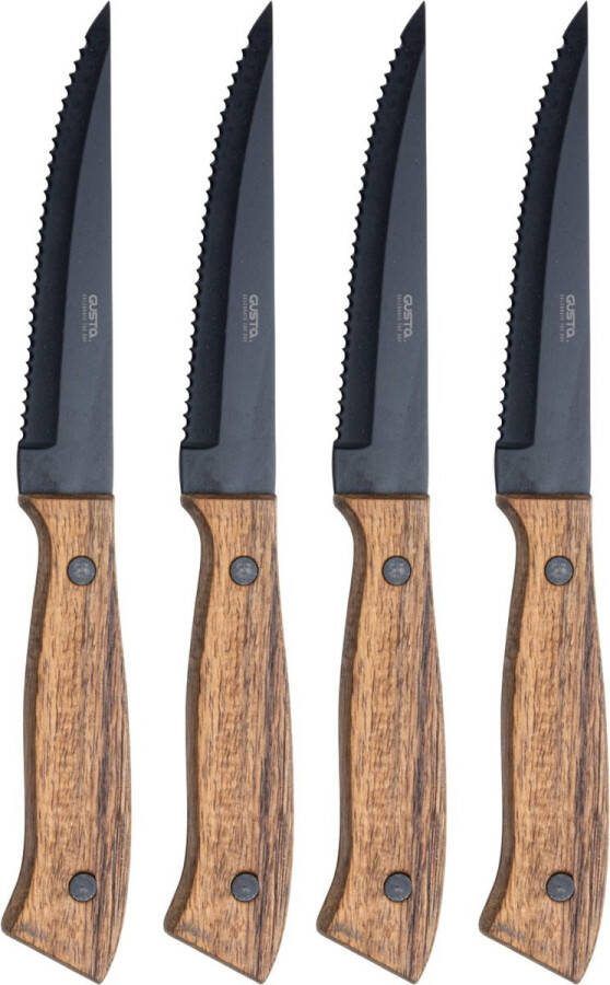 Gusta Titanium Steakmessen Set 4 Stuks Kartel Keukenmes- Vleesmessen met Houten Handvat 22.5 x 3 x 1.5 cm