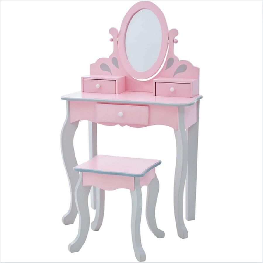 GUTEC Kinder Kaptafel Met Kruk Make Up Tafel Kind met Uitschuifbare Lade Schminktafel Set met Driedelig Spiegelpaneel Roze