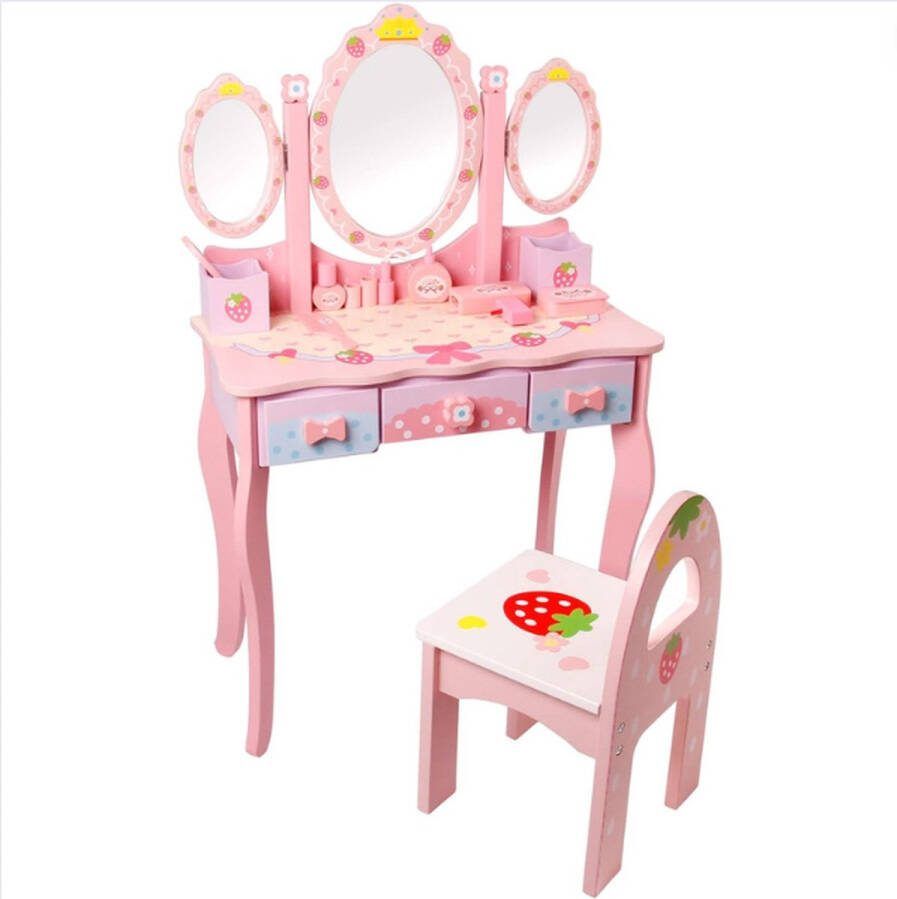 GUTEC Kinder Kaptafel Make Up Tafel Kind met Grote Spiegel Schminktafel Meisje met Veel Opbergruimte Roze