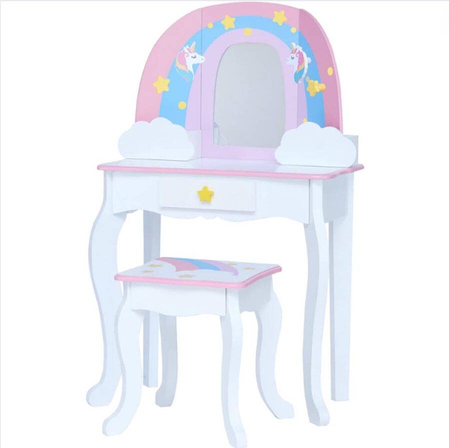 GUTEC Kinder Kaptafel Make Up Tafel Kind met Magische Eenhoorn Design Schminktafel Set met Veiligheidsglas Spiegel Wit